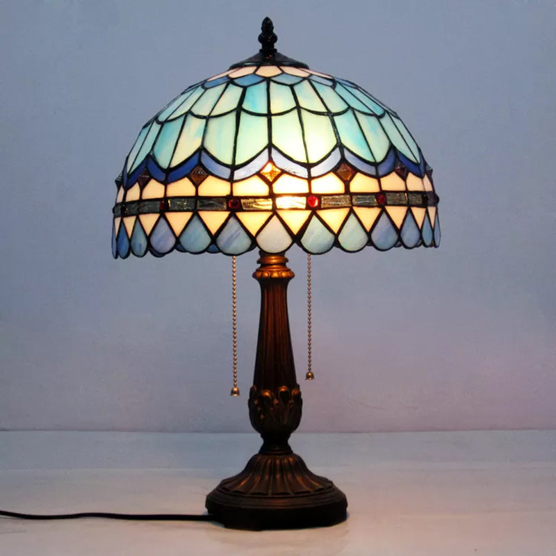 Baroque Style Dome/Bowl Reading Light 1 Light Stained Glass Table Lighting with Metal Base in Blue Clearhalo 'Lamps' 'Table Lamps' Lighting' 170859