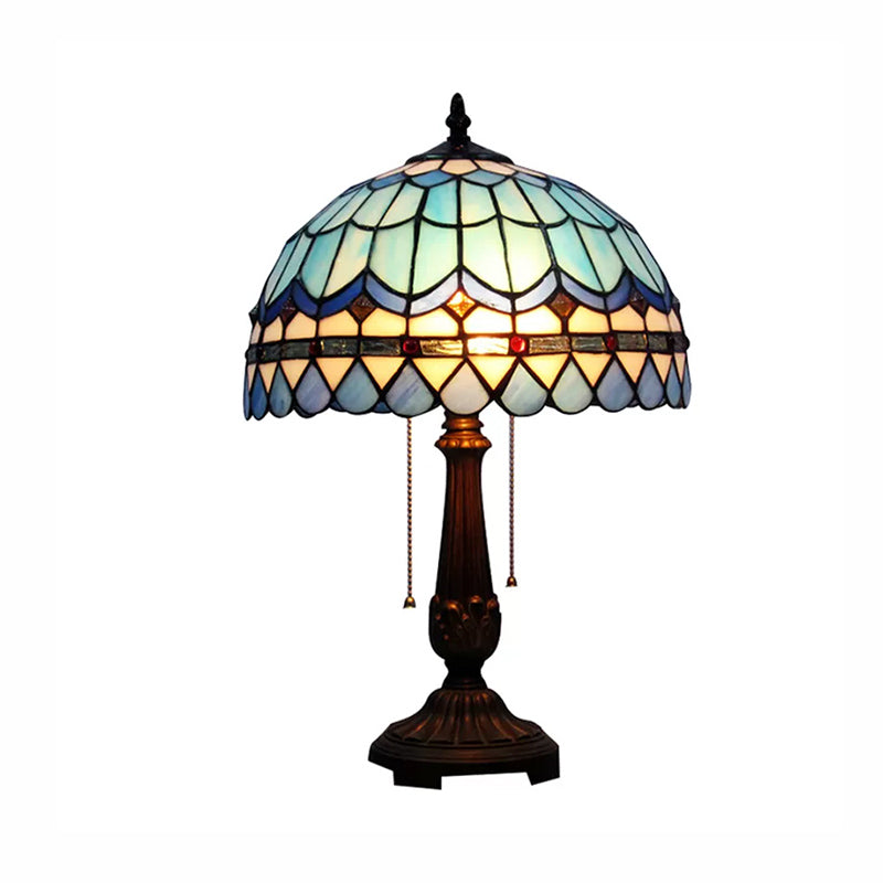 Baroque Style Dome/Bowl Reading Light 1 Light Stained Glass Table Lighting with Metal Base in Blue Clearhalo 'Lamps' 'Table Lamps' Lighting' 170860