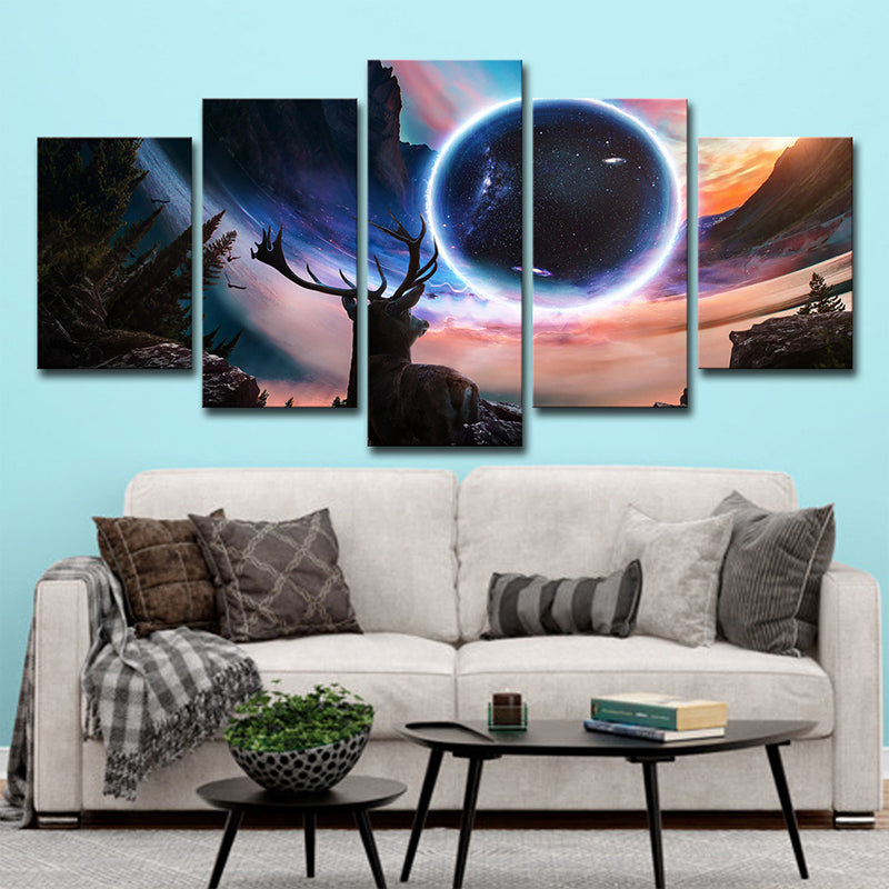 Black Moon Night Deer Canvas Art Multi-Piece Contemporary Sitting Room Wall Decor Clearhalo 'Art Gallery' 'Canvas Art' 'Contemporary Art Gallery' 'Modern' Arts' 1708701