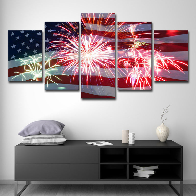 Modernist Flag and Firework Canvas House Interior Wall Art Print in Red and Blue Clearhalo 'Art Gallery' 'Canvas Art' 'Contemporary Art Gallery' 'Modern' Arts' 1708981