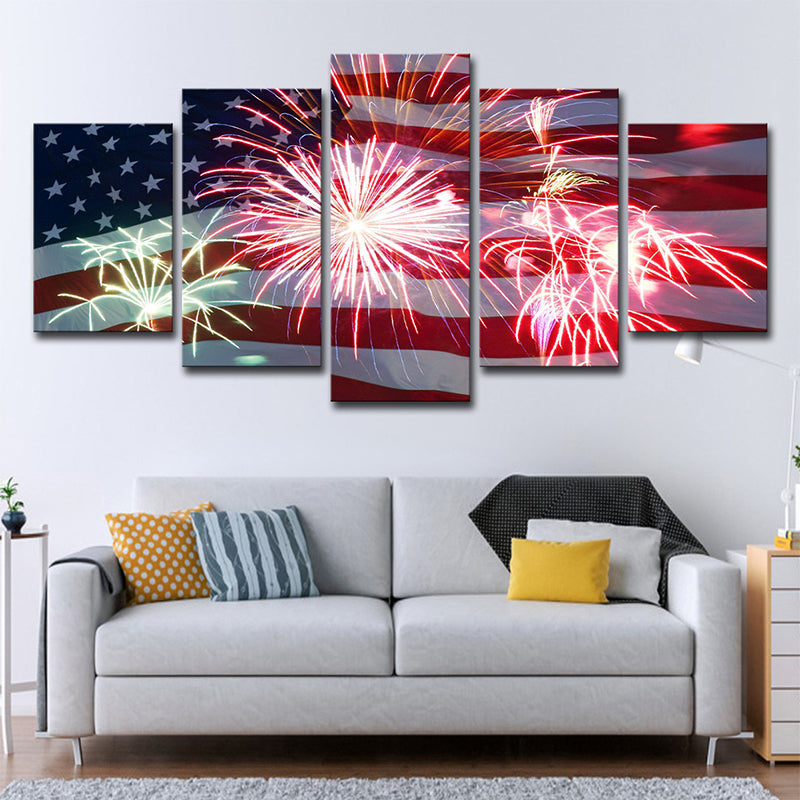 Modernist Flag and Firework Canvas House Interior Wall Art Print in Red and Blue Clearhalo 'Art Gallery' 'Canvas Art' 'Contemporary Art Gallery' 'Modern' Arts' 1708982