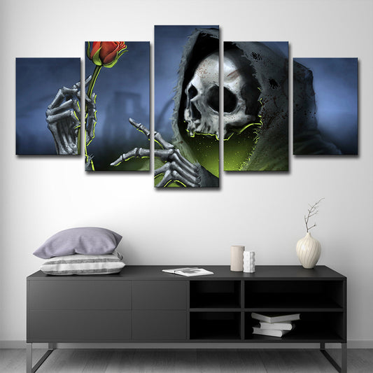 Grim Reaper with Rose Art Print Modern Style Multi-Piece Wall Decor in Blue for Room Clearhalo 'Art Gallery' 'Canvas Art' 'Contemporary Art Gallery' 'Modern' Arts' 1709038