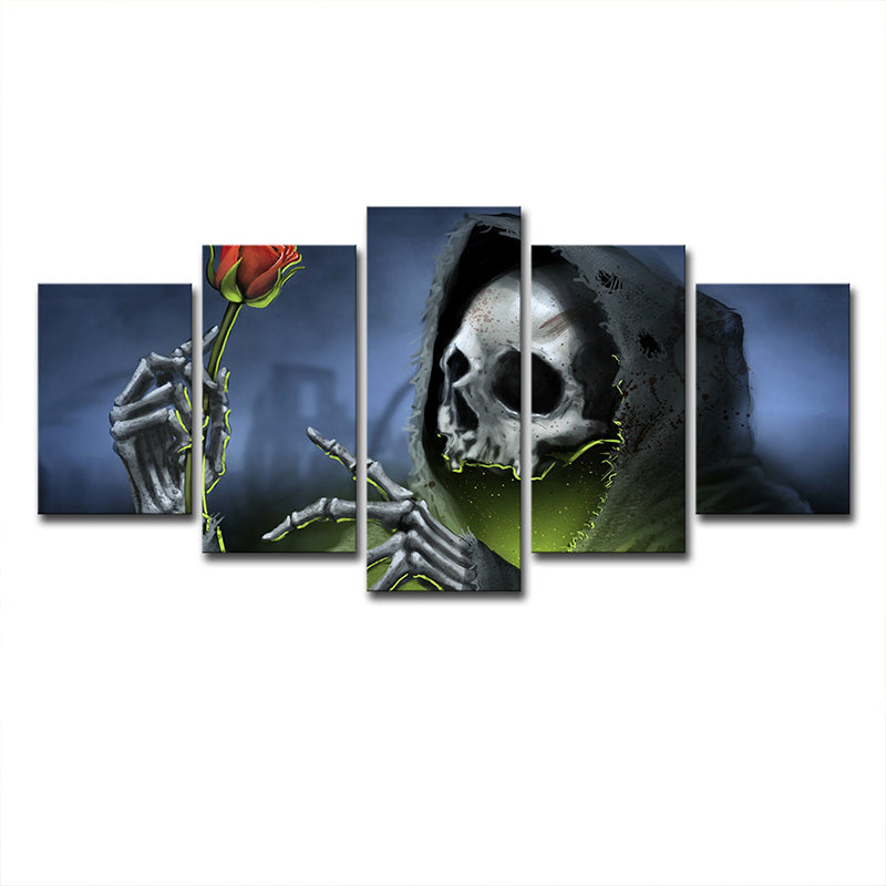 Grim Reaper with Rose Art Print Modern Style Multi-Piece Wall Decor in Blue for Room Clearhalo 'Art Gallery' 'Canvas Art' 'Contemporary Art Gallery' 'Modern' Arts' 1709040