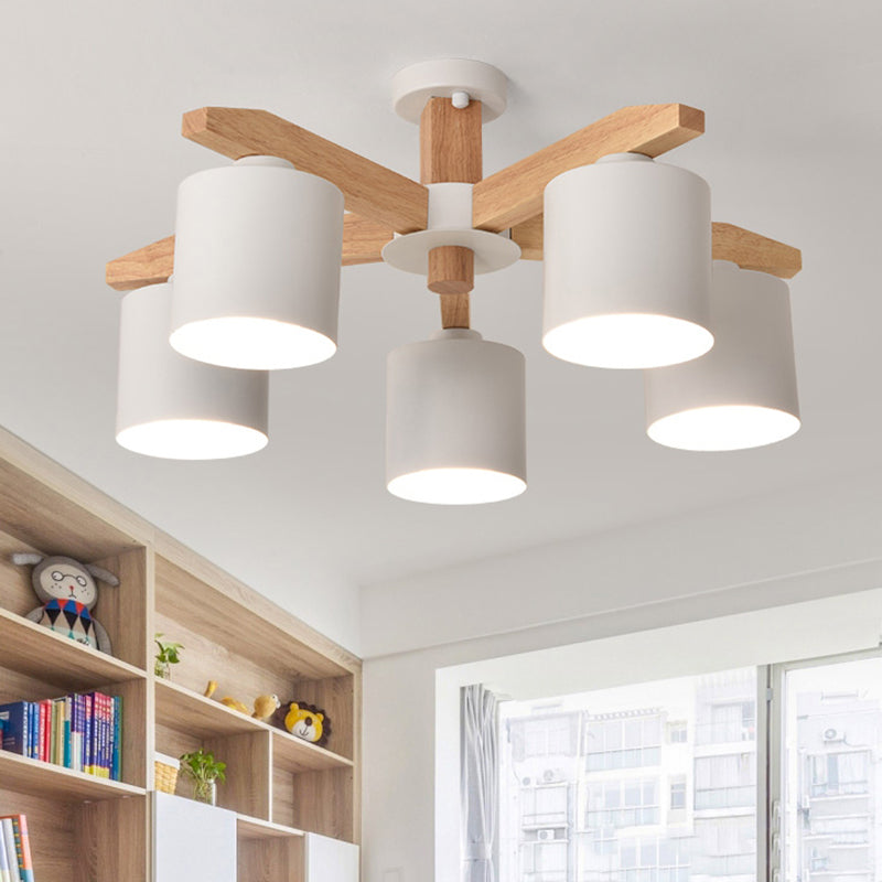 Simple Style Cylinder Semi Flush Mount Light Metal 3/5/6/8 Lights White Ceiling Light for Living Room 5 White Clearhalo 'Ceiling Lights' 'Close To Ceiling Lights' 'Close to ceiling' 'Semi-flushmount' Lighting' 170914