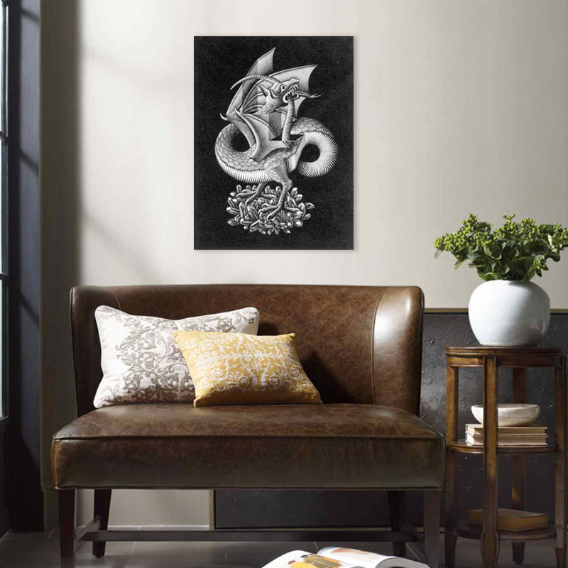 Illusion Pencil Dragon Canvas Art Modern Textured Boys Room Wall Decor in Grey on Black Clearhalo 'Art Gallery' 'Canvas Art' 'Contemporary Art Gallery' 'Modern' Arts' 1709338