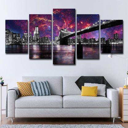 Purple Night Cityscape Canvas Art Brooklyn Bridge Modernist Multi-Piece Wall Decor Purple Clearhalo 'Art Gallery' 'Canvas Art' 'Contemporary Art Gallery' 'Modern' Arts' 1709431