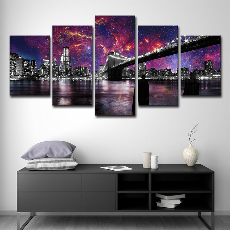 Purple Night Cityscape Canvas Art Brooklyn Bridge Modernist Multi-Piece Wall Decor Clearhalo 'Art Gallery' 'Canvas Art' 'Contemporary Art Gallery' 'Modern' Arts' 1709433