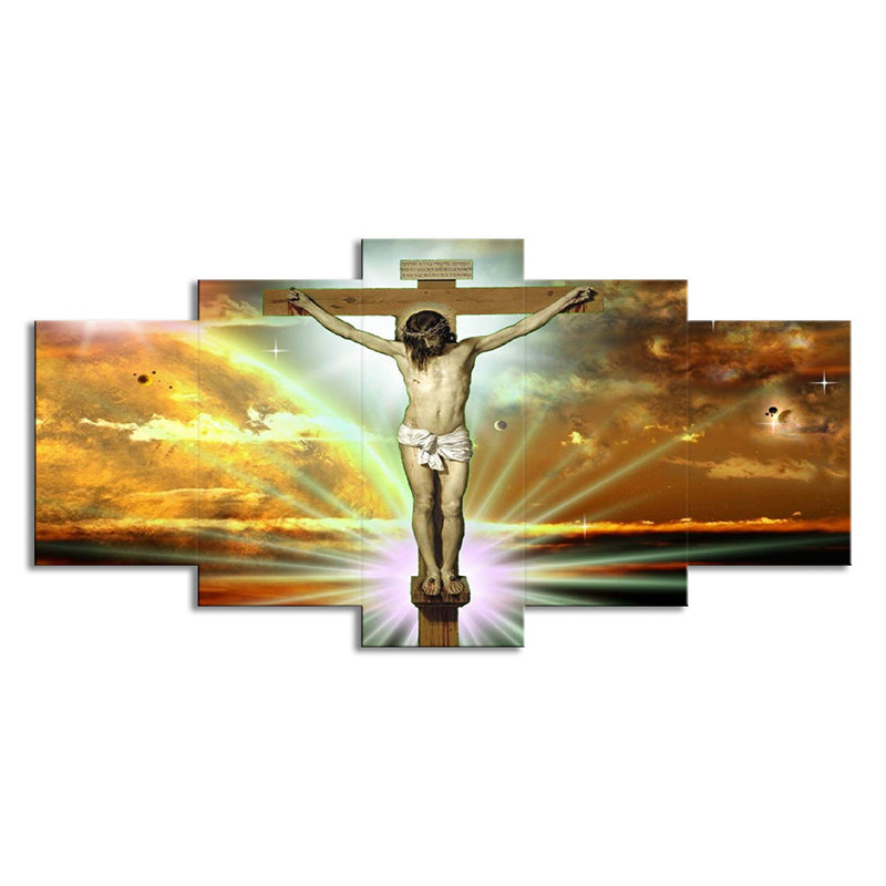 Global Inspired Religion Wall Art Yellow Jesus on the Cross with Sunlight Background Canvas Clearhalo 'Arts' 'Canvas Art' 1709474