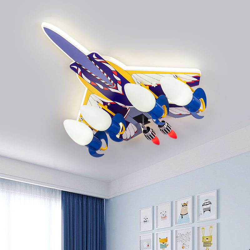 Rocket Children Room Semi Flush Lamp Metallic 4 Bulbs Cartoon Ceiling Mounted Light in Blue Clearhalo 'Ceiling Lights' 'Close To Ceiling Lights' 'Close to ceiling' 'Semi-flushmount' Lighting' 1709511