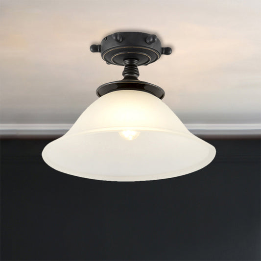 Bell Semi Flush Mount Mediterranean Opaline Glass 1 Light Black Close to Ceiling Lighting Black Clearhalo 'Ceiling Lights' 'Close To Ceiling Lights' 'Close to ceiling' 'Semi-flushmount' Lighting' 1709868