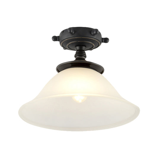 Bell Semi Flush Mount Mediterranean Opaline Glass 1 Light Black Close to Ceiling Lighting Clearhalo 'Ceiling Lights' 'Close To Ceiling Lights' 'Close to ceiling' 'Semi-flushmount' Lighting' 1709870