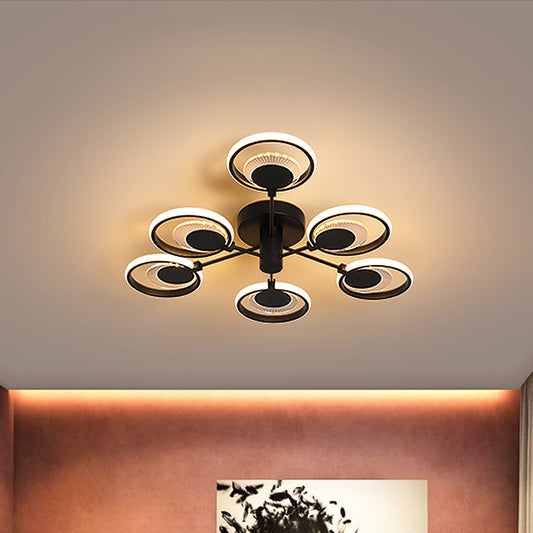 Circles Semi Flush Chandelier Modern Metal LED Bedroom Ceiling Lamp with Radial Design in Black, Warm/White Light Black Clearhalo 'Ceiling Lights' 'Close To Ceiling Lights' 'Close to ceiling' 'Semi-flushmount' Lighting' 1709964