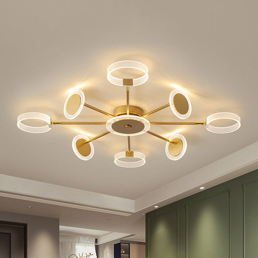 31.5"/39" W Modern Circle Semi Flush Acrylic 7/9 Heads Living Room LED Ceiling Mounted Fixture in Gold, Warm/White Light Gold 39" Clearhalo 'Ceiling Lights' 'Close To Ceiling Lights' 'Close to ceiling' 'Semi-flushmount' Lighting' 1710078