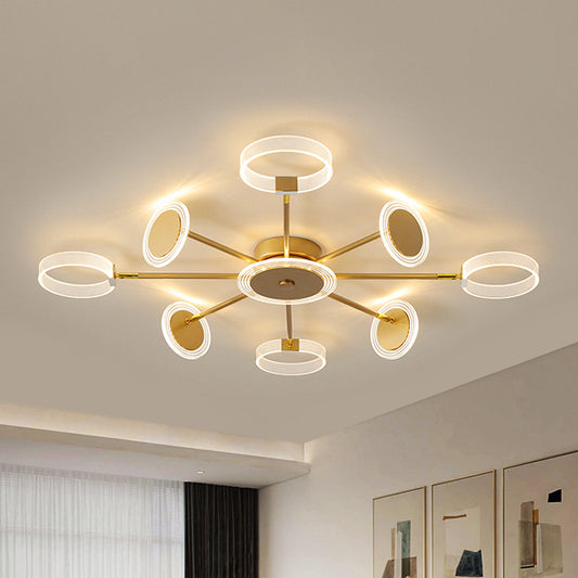 31.5"/39" W Modern Circle Semi Flush Acrylic 7/9 Heads Living Room LED Ceiling Mounted Fixture in Gold, Warm/White Light Clearhalo 'Ceiling Lights' 'Close To Ceiling Lights' 'Close to ceiling' 'Semi-flushmount' Lighting' 1710080