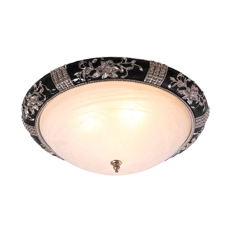 3-Light Frosted Glass Ceiling Flush Rural Black Domed Corridor Flush Mount Lamp with Leave/Flower Deco, 14"/19.5" W Clearhalo 'Ceiling Lights' 'Close To Ceiling Lights' 'Close to ceiling' 'Flush mount' Lighting' 1710297