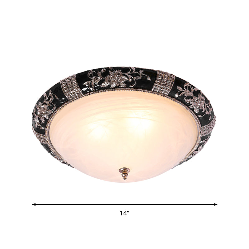 3-Light Frosted Glass Ceiling Flush Rural Black Domed Corridor Flush Mount Lamp with Leave/Flower Deco, 14"/19.5" W Clearhalo 'Ceiling Lights' 'Close To Ceiling Lights' 'Close to ceiling' 'Flush mount' Lighting' 1710298