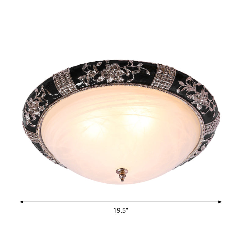 3-Light Frosted Glass Ceiling Flush Rural Black Domed Corridor Flush Mount Lamp with Leave/Flower Deco, 14"/19.5" W Clearhalo 'Ceiling Lights' 'Close To Ceiling Lights' 'Close to ceiling' 'Flush mount' Lighting' 1710299