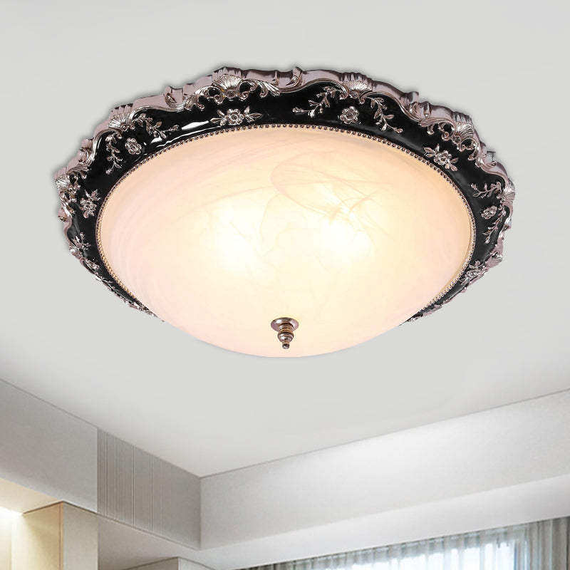 3-Light Frosted Glass Ceiling Flush Rural Black Domed Corridor Flush Mount Lamp with Leave/Flower Deco, 14"/19.5" W Black Flower Clearhalo 'Ceiling Lights' 'Close To Ceiling Lights' 'Close to ceiling' 'Flush mount' Lighting' 1710300