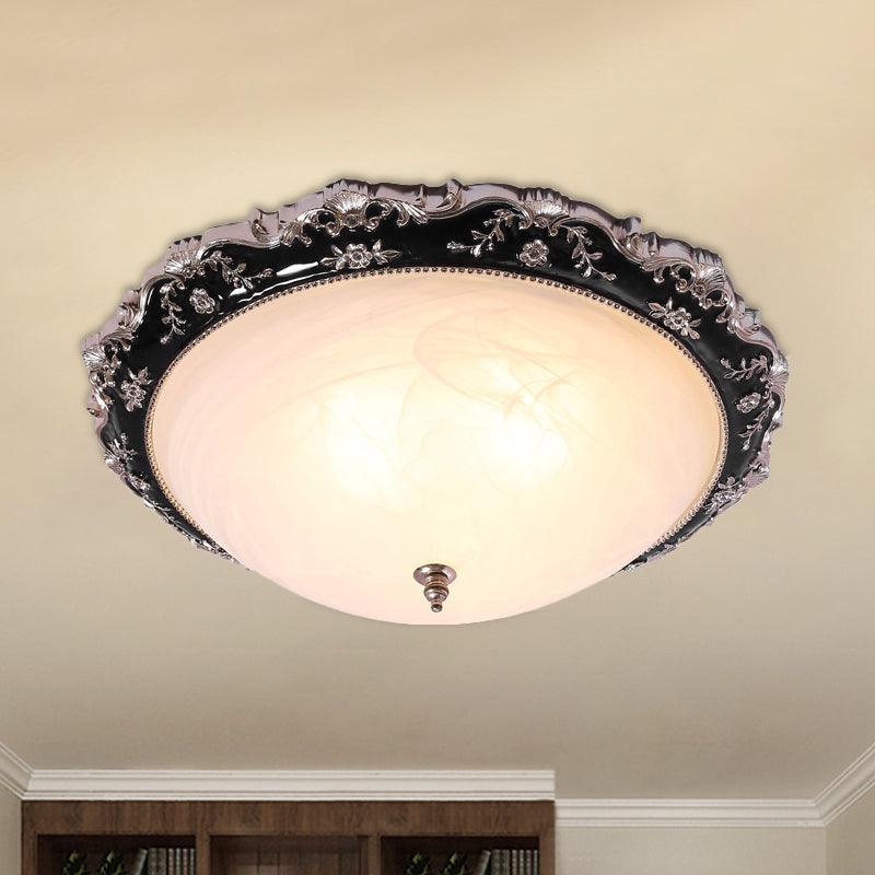 3-Light Frosted Glass Ceiling Flush Rural Black Domed Corridor Flush Mount Lamp with Leave/Flower Deco, 14"/19.5" W Clearhalo 'Ceiling Lights' 'Close To Ceiling Lights' 'Close to ceiling' 'Flush mount' Lighting' 1710301