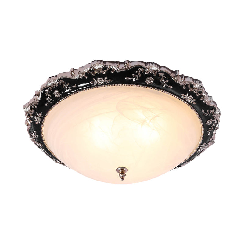 3-Light Frosted Glass Ceiling Flush Rural Black Domed Corridor Flush Mount Lamp with Leave/Flower Deco, 14"/19.5" W Clearhalo 'Ceiling Lights' 'Close To Ceiling Lights' 'Close to ceiling' 'Flush mount' Lighting' 1710303