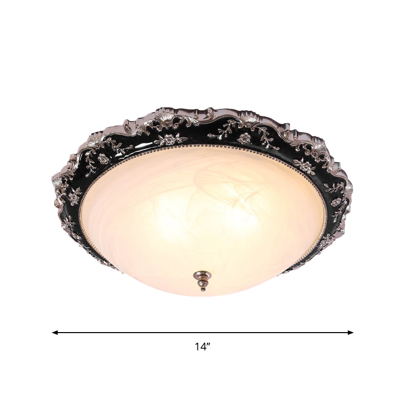 3-Light Frosted Glass Ceiling Flush Rural Black Domed Corridor Flush Mount Lamp with Leave/Flower Deco, 14"/19.5" W Clearhalo 'Ceiling Lights' 'Close To Ceiling Lights' 'Close to ceiling' 'Flush mount' Lighting' 1710304