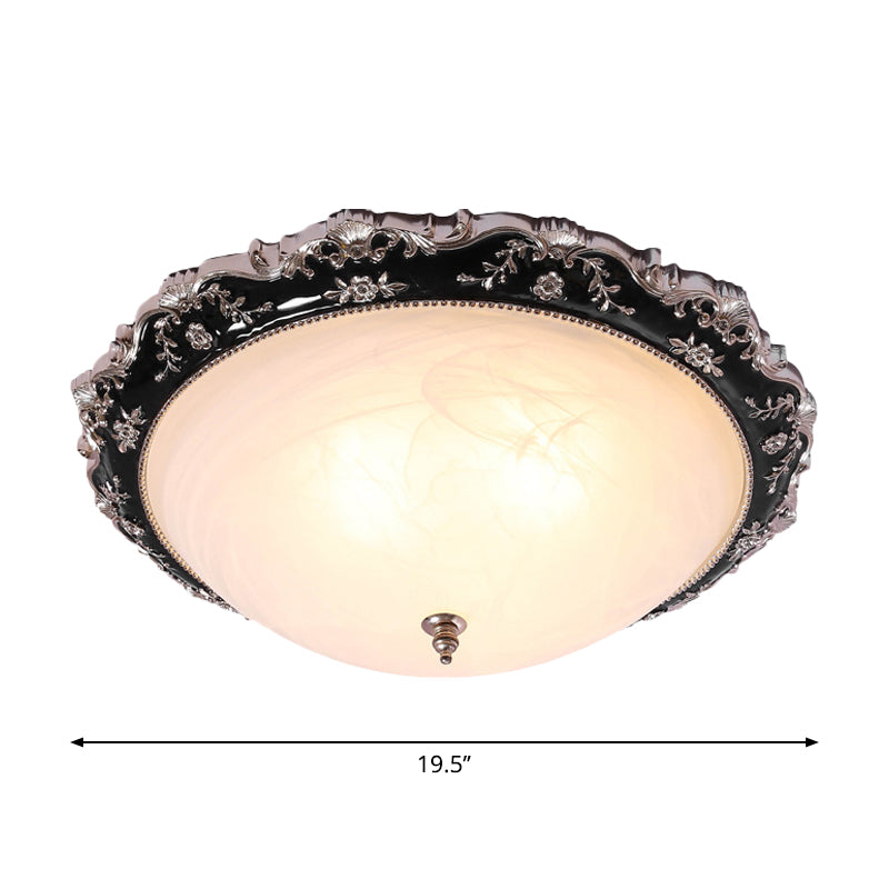 3-Light Frosted Glass Ceiling Flush Rural Black Domed Corridor Flush Mount Lamp with Leave/Flower Deco, 14"/19.5" W Clearhalo 'Ceiling Lights' 'Close To Ceiling Lights' 'Close to ceiling' 'Flush mount' Lighting' 1710305