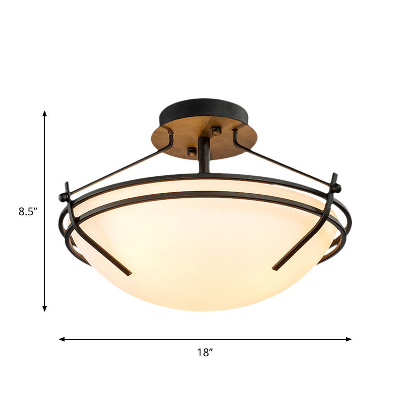 Bowl Bedroom Semi Flush Mount Traditional Opaque Glass 3 Heads Black Ceiling Light Fixture Clearhalo 'Ceiling Lights' 'Close To Ceiling Lights' 'Close to ceiling' 'Glass shade' 'Glass' 'Semi-flushmount' Lighting' 1710309
