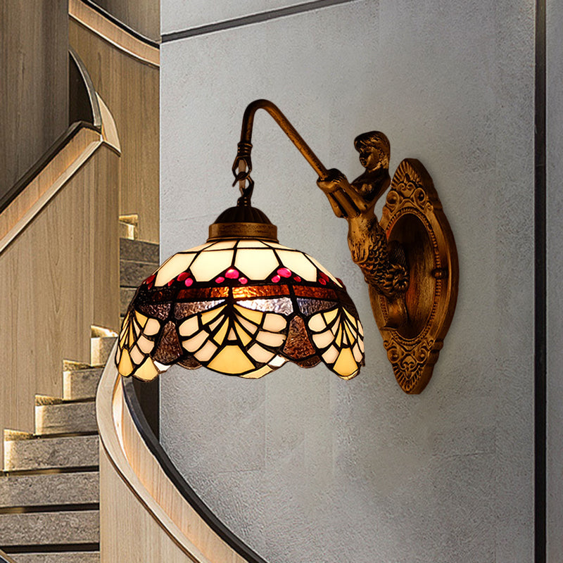 1 Head Scalloped Dome Wall Light Fixture Tiffany Gold Cut Glass Sconce with Mermaid/Swooping Arm Clearhalo 'Cast Iron' 'Glass' 'Industrial' 'Modern wall lights' 'Modern' 'Tiffany' 'Traditional wall lights' 'Wall Lamps & Sconces' 'Wall Lights' Lighting' 1710380
