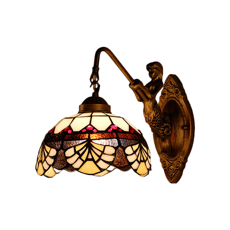 1 Head Scalloped Dome Wall Light Fixture Tiffany Gold Cut Glass Sconce with Mermaid/Swooping Arm Clearhalo 'Cast Iron' 'Glass' 'Industrial' 'Modern wall lights' 'Modern' 'Tiffany' 'Traditional wall lights' 'Wall Lamps & Sconces' 'Wall Lights' Lighting' 1710381