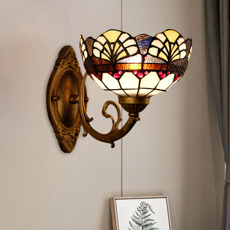 1 Head Scalloped Dome Wall Light Fixture Tiffany Gold Cut Glass Sconce with Mermaid/Swooping Arm Clearhalo 'Cast Iron' 'Glass' 'Industrial' 'Modern wall lights' 'Modern' 'Tiffany' 'Traditional wall lights' 'Wall Lamps & Sconces' 'Wall Lights' Lighting' 1710384