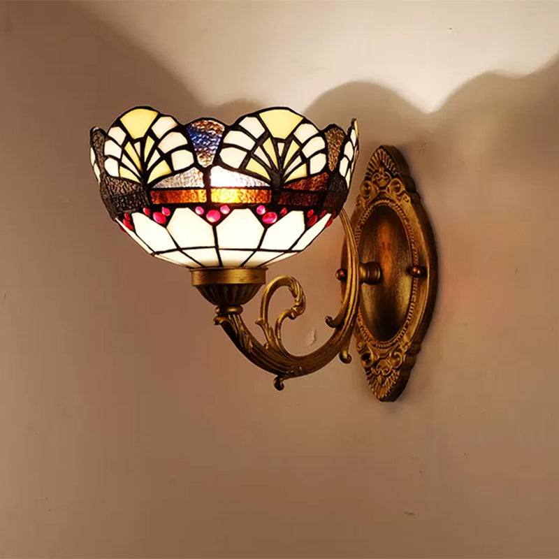 1 Head Scalloped Dome Wall Light Fixture Tiffany Gold Cut Glass Sconce with Mermaid/Swooping Arm Clearhalo 'Cast Iron' 'Glass' 'Industrial' 'Modern wall lights' 'Modern' 'Tiffany' 'Traditional wall lights' 'Wall Lamps & Sconces' 'Wall Lights' Lighting' 1710385