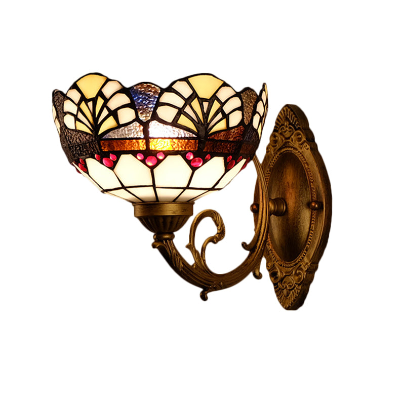 1 Head Scalloped Dome Wall Light Fixture Tiffany Gold Cut Glass Sconce with Mermaid/Swooping Arm Clearhalo 'Cast Iron' 'Glass' 'Industrial' 'Modern wall lights' 'Modern' 'Tiffany' 'Traditional wall lights' 'Wall Lamps & Sconces' 'Wall Lights' Lighting' 1710386