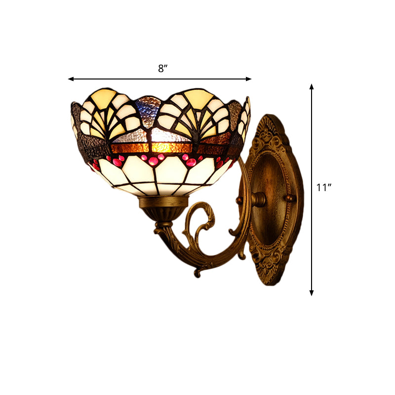 1 Head Scalloped Dome Wall Light Fixture Tiffany Gold Cut Glass Sconce with Mermaid/Swooping Arm Clearhalo 'Cast Iron' 'Glass' 'Industrial' 'Modern wall lights' 'Modern' 'Tiffany' 'Traditional wall lights' 'Wall Lamps & Sconces' 'Wall Lights' Lighting' 1710387