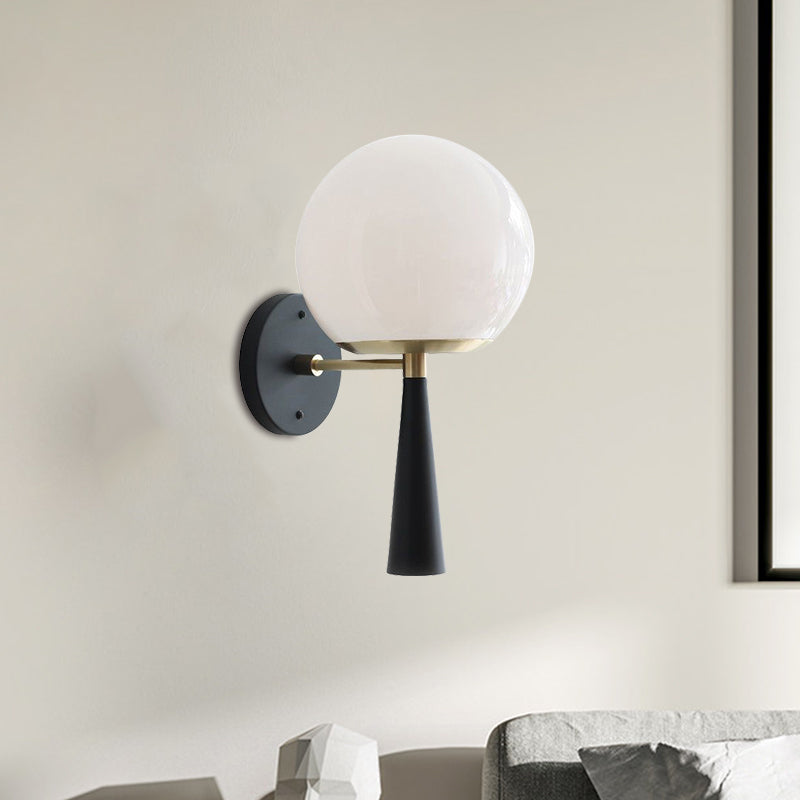 White Glass Globe Wall Light Fixture Post Modern 1-Bulb Black Wall Mount Lamp for Bedroom Black Clearhalo 'Cast Iron' 'Glass' 'Industrial' 'Modern wall lights' 'Modern' 'Tiffany' 'Traditional wall lights' 'Wall Lamps & Sconces' 'Wall Lights' Lighting' 1710555