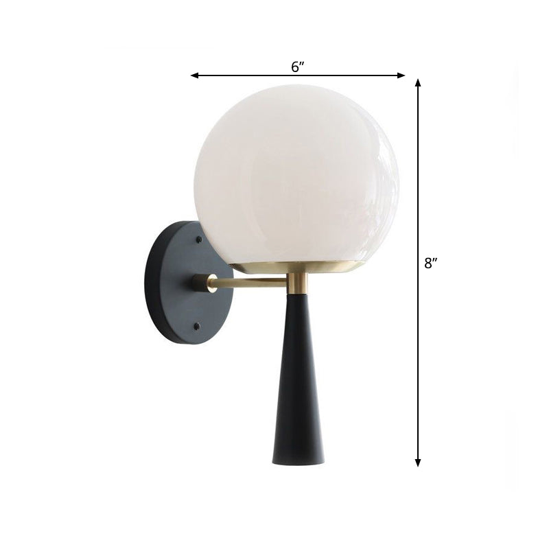 White Glass Globe Wall Light Fixture Post Modern 1-Bulb Black Wall Mount Lamp for Bedroom Clearhalo 'Cast Iron' 'Glass' 'Industrial' 'Modern wall lights' 'Modern' 'Tiffany' 'Traditional wall lights' 'Wall Lamps & Sconces' 'Wall Lights' Lighting' 1710558