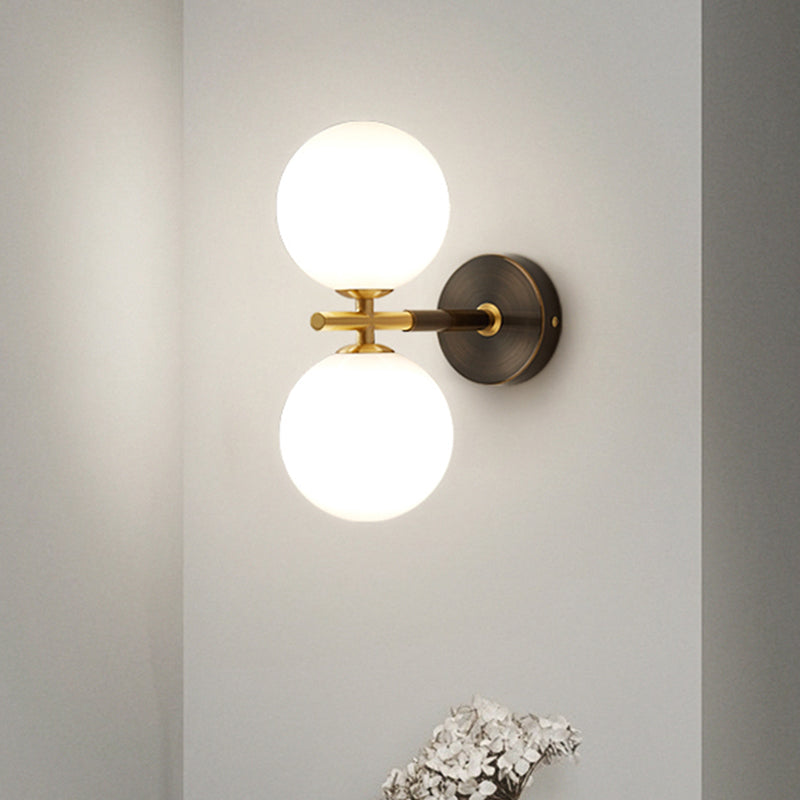 Brass Global LED Wall Sconce Light Mid Century 1/2 Bulbs White Glass Wall Lighting Fixture 2.0 Brass Clearhalo 'Cast Iron' 'Glass' 'Industrial' 'Modern wall lights' 'Modern' 'Tiffany' 'Traditional wall lights' 'Wall Lamps & Sconces' 'Wall Lights' Lighting' 1710563