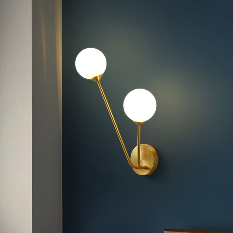 Opaline Glass Globe LED Wall Light Fixture Mid Century 2 Lights Wall Mount Lamp in Brass Brass Clearhalo 'Cast Iron' 'Glass' 'Industrial' 'Modern wall lights' 'Modern' 'Tiffany' 'Traditional wall lights' 'Wall Lamps & Sconces' 'Wall Lights' Lighting' 1710572