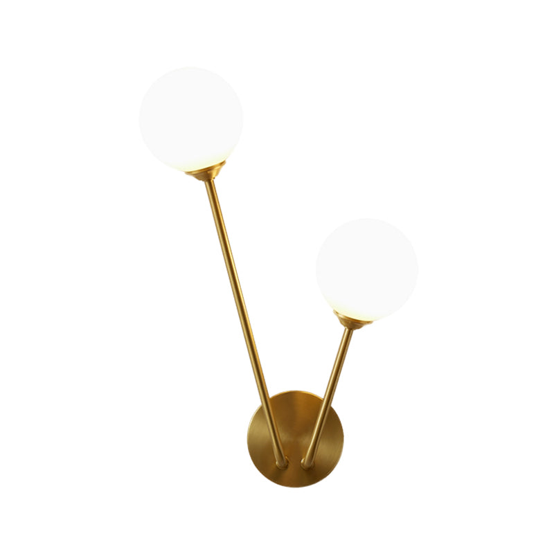 Opaline Glass Globe LED Wall Light Fixture Mid Century 2 Lights Wall Mount Lamp in Brass Clearhalo 'Cast Iron' 'Glass' 'Industrial' 'Modern wall lights' 'Modern' 'Tiffany' 'Traditional wall lights' 'Wall Lamps & Sconces' 'Wall Lights' Lighting' 1710574