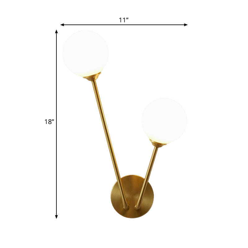 Opaline Glass Globe LED Wall Light Fixture Mid Century 2 Lights Wall Mount Lamp in Brass Clearhalo 'Cast Iron' 'Glass' 'Industrial' 'Modern wall lights' 'Modern' 'Tiffany' 'Traditional wall lights' 'Wall Lamps & Sconces' 'Wall Lights' Lighting' 1710575