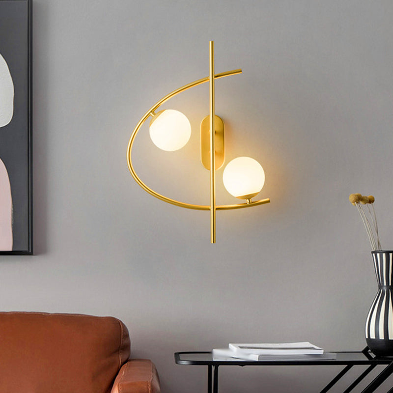 Milk Glass Ball LED Wall Lighting Post Modernist 2-Bulb Brass Wall Sconce Light for Living Room Brass Clearhalo 'Cast Iron' 'Glass' 'Industrial' 'Modern wall lights' 'Modern' 'Tiffany' 'Traditional wall lights' 'Wall Lamps & Sconces' 'Wall Lights' Lighting' 1710576