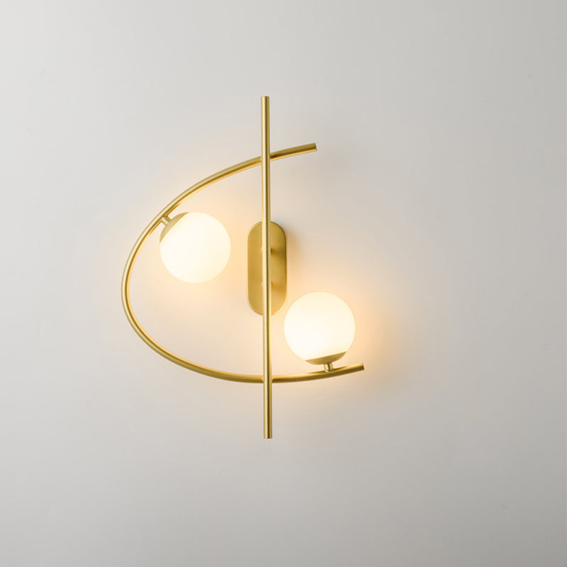 Milk Glass Ball LED Wall Lighting Post Modernist 2-Bulb Brass Wall Sconce Light for Living Room Clearhalo 'Cast Iron' 'Glass' 'Industrial' 'Modern wall lights' 'Modern' 'Tiffany' 'Traditional wall lights' 'Wall Lamps & Sconces' 'Wall Lights' Lighting' 1710578