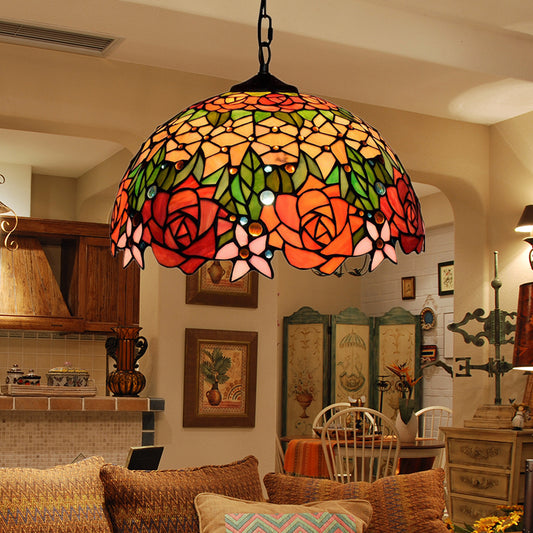 Black Stained Glass Rose Pendant Lighting Victorian 1 Head Hanging Light Kit for Living Room Clearhalo 'Ceiling Lights' 'Chandeliers' 'Industrial' 'Middle Century Pendants' 'Pendant Lights' 'Pendants' 'Tiffany close to ceiling' 'Tiffany Pendants' 'Tiffany' Lighting' 171068