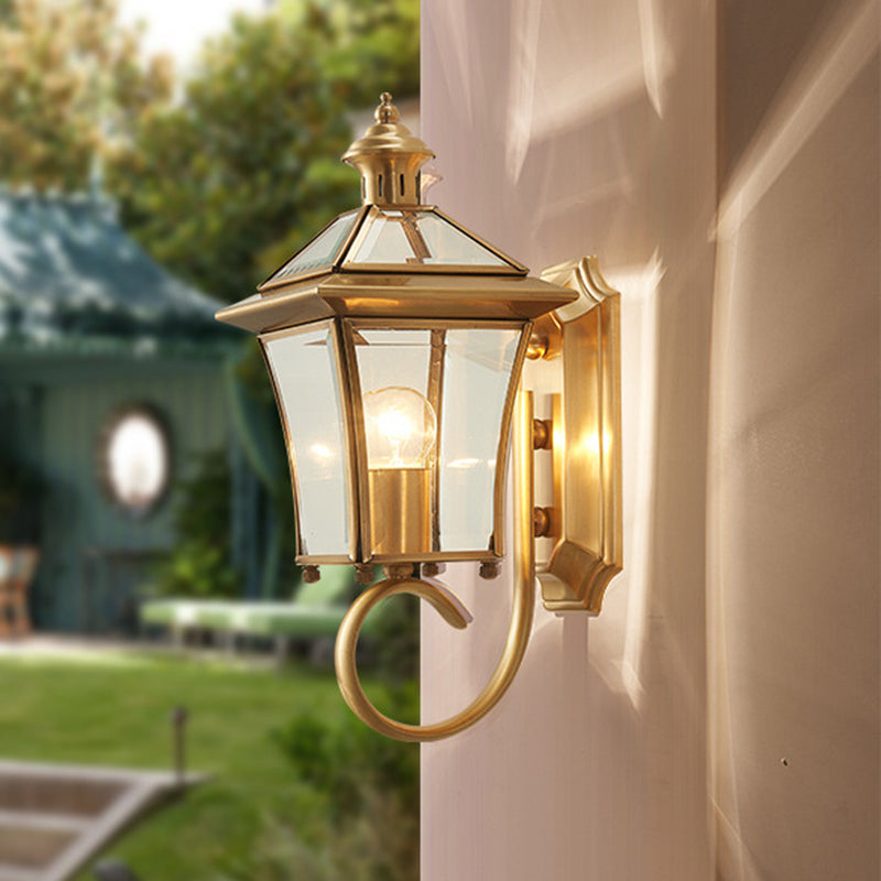 Clear Glass Lantern Wall Light Retro Style 1 Bulb Lodge Wall Lighting Ideas in Brass Brass Clearhalo 'Wall Lamps & Sconces' 'Wall Lights' Lighting' 1710728