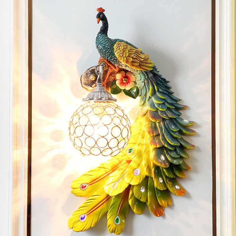 Single Head Peacock Wall Sconce Cottage White/Red/Blue Resin Wall Light Fixture with Clear K9 Crystal Shade, Left/Right Clearhalo 'Wall Lamps & Sconces' 'Wall Lights' Lighting' 1710754