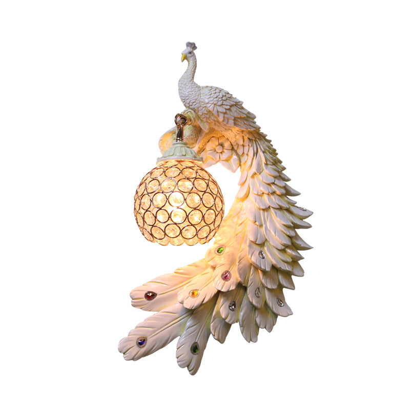 Single Head Peacock Wall Sconce Cottage White/Red/Blue Resin Wall Light Fixture with Clear K9 Crystal Shade, Left/Right Clearhalo 'Wall Lamps & Sconces' 'Wall Lights' Lighting' 1710760