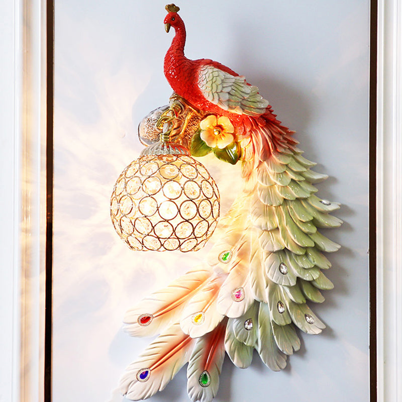 Single Head Peacock Wall Sconce Cottage White/Red/Blue Resin Wall Light Fixture with Clear K9 Crystal Shade, Left/Right Red Right Clearhalo 'Wall Lamps & Sconces' 'Wall Lights' Lighting' 1710761