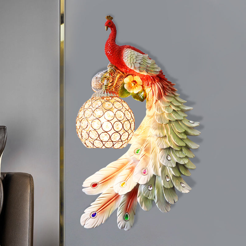 Single Head Peacock Wall Sconce Cottage White/Red/Blue Resin Wall Light Fixture with Clear K9 Crystal Shade, Left/Right Clearhalo 'Wall Lamps & Sconces' 'Wall Lights' Lighting' 1710762