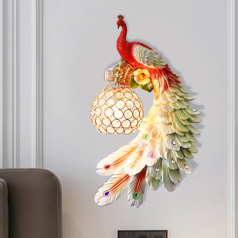 Single Head Peacock Wall Sconce Cottage White/Red/Blue Resin Wall Light Fixture with Clear K9 Crystal Shade, Left/Right Clearhalo 'Wall Lamps & Sconces' 'Wall Lights' Lighting' 1710763