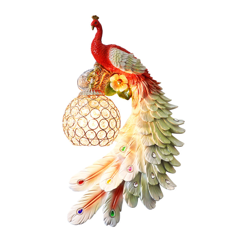 Single Head Peacock Wall Sconce Cottage White/Red/Blue Resin Wall Light Fixture with Clear K9 Crystal Shade, Left/Right Clearhalo 'Wall Lamps & Sconces' 'Wall Lights' Lighting' 1710764