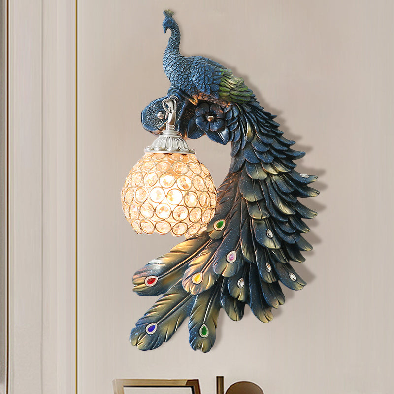 Single Head Peacock Wall Sconce Cottage White/Red/Blue Resin Wall Light Fixture with Clear K9 Crystal Shade, Left/Right Dark Blue Right Clearhalo 'Wall Lamps & Sconces' 'Wall Lights' Lighting' 1710765